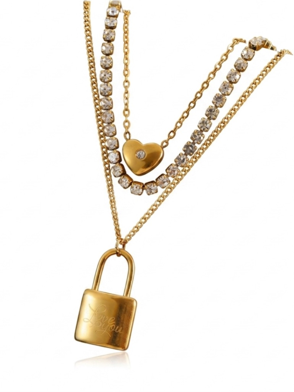 Lock and Heart Layered Necklace Stainless Steel